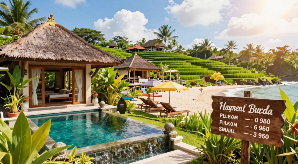 A picturesque scene showcasing a variety of accommodation options in Bali during August. In the foreground, feature a charming Balinese villa with a serene pool surrounded by tropical plants, and a rustic wooden sign displaying different price points for accommodations. In the middle ground, include a vibrant beach resort with sun umbrellas and lounge chairs, hinting at vacationers enjoying the sunny weather. The background displays lush green rice terraces under a bright blue sky, dotted with fluffy clouds, emphasizing Bali's natural beauty. Use soft, warm lighting to create an inviting atmosphere, and capture the scene from a slightly elevated angle to provide depth. The mood should be cheerful and inviting, embodying the appeal of Bali as a travel destination in August.
