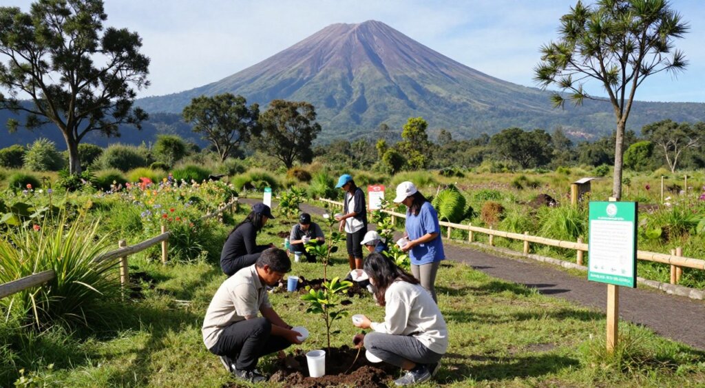 A picturesque scene showcasing eco-friendly practices at Mount Bromo, with the iconic volcano in the background surrounded by lush greenery. In the foreground, a small group of eco-conscious travelers engage in sustainable activities like planting trees and using reusable containers, dressed in modest casual clothing. The middle ground features vibrant wildflowers, a clear path lined with bamboo fencing, and signposts illustrating eco-tourism initiatives. Bright, natural sunlight illuminates the scene, casting soft shadows and enhancing the vibrant colors of the landscape. A wide-angle view captures the sweeping expanse of Mount Bromo, creating an inviting and serene atmosphere that highlights the beauty of sustainable tourism.