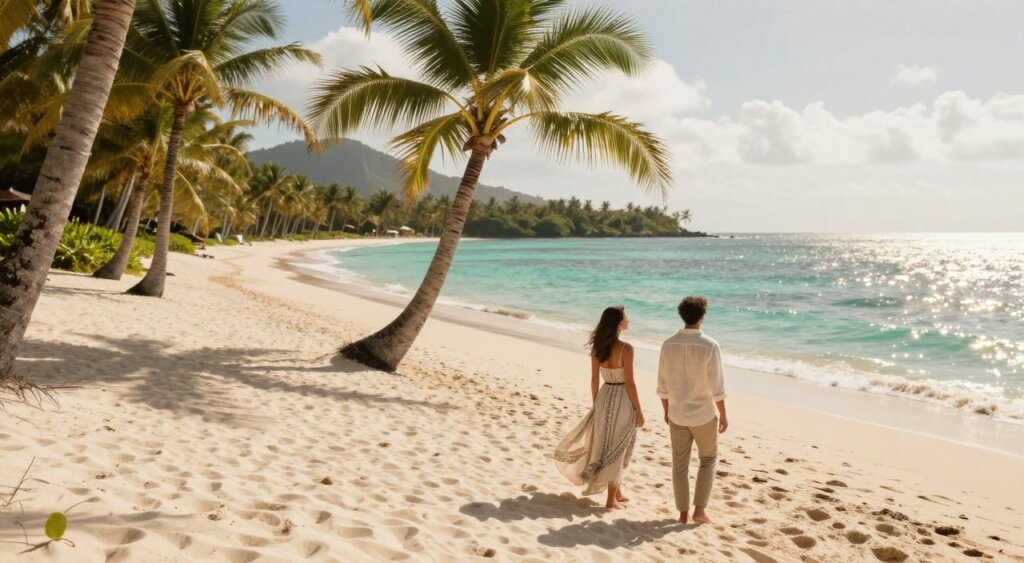 A picturesque tropical beach landscape featuring gentle white sand dunes with subtle green palm trees swaying in the breeze. In the foreground, two fashionably dressed individuals in light, breathable outfits enjoy the view, exuding a sense of relaxed elegance. The couple stands on the sand, with the woman in a stylish sundress and the man in a crisp linen shirt and chinos, both capturing the essence of a tropical getaway. The middle ground highlights a serene turquoise ocean shimmering under golden sunlight, with gentle waves lapping at the shore. In the background, vibrant tropical foliage and distant mountains add depth to the scene. The lighting is warm and soft, evoking a tranquil, inviting atmosphere ideal for vacation. The angle is slightly elevated, creating an expansive view of the idyllic setting, perfect for capturing the essence of a tropical escape.