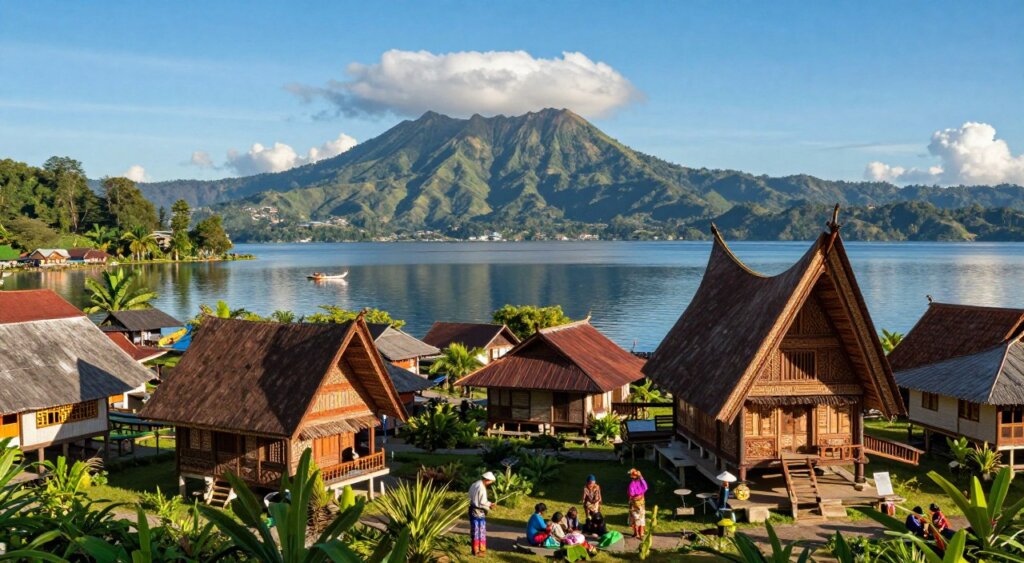 A picturesque view of Samosir Island in Lake Toba, highlighting the vibrant village of Tuktuk. In the foreground, traditional Batak houses with intricately carved wooden facades sit nestled among lush green foliage. Local people dressed in modest, colorful clothing engage in serene daily activities, adding a touch of cultural authenticity. The middle ground features the calm blue waters of the lake, reflecting the surrounding mountains, while boats drift lazily by, hinting at leisure activities. In the background, the majestic volcanic hills of Samosir rise under a clear blue sky, with fluffy white clouds casting soft shadows. Natural sunlight illuminates the scene, creating a warm, inviting atmosphere. Capture this moment with a wide-angle lens for a vivid, immersive feel, reminiscent of professional travel photography that invites viewers to explore this captivating destination.