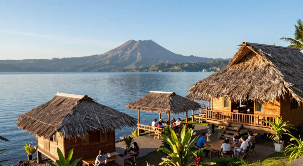 A picturesque view of serene Lake Toba, showcasing a variety of cozy accommodations along the shoreline. In the foreground, feature traditional wooden bungalows with thatched roofs, adorned with lush tropical plants. The middle ground displays inviting lakeside cafes and happy travelers enjoying their stay, dressed in modest casual clothing. The background reveals the majestic volcanic hills rising against a clear blue sky, reflecting soft sunlight that casts gentle ripples across the water surface. The scene evokes a tranquil and inviting atmosphere, ideal for relaxation and cultural exploration. Capture this image with a wide-angle lens to emphasize depth, focusing on natural lighting to enhance the vibrant colors of the landscape and cottages, creating an inviting ambiance perfect for travel enthusiasts.
