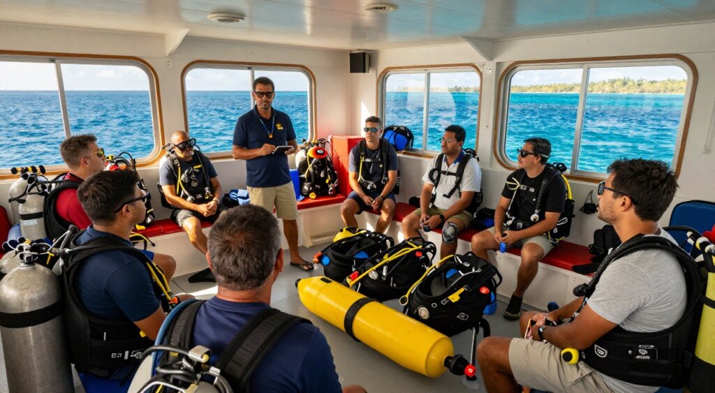 A professional dive safety briefing in a well-organized liveaboard dive boat. In the foreground, a diverse group of divers in modest, professional casual attire attentively listens to a dive instructor explaining safety procedures, surrounded by dive gear and safety equipment. The middle ground features neatly arranged diving gear, tanks, and safety floats, emphasizing organization. In the background, large windows showcase a breathtaking ocean view, with vibrant blue waters and distant coral reefs. Warm, natural lighting spills through the windows, creating an inviting atmosphere. Capture a sense of focus and professionalism, highlighting the importance of safety and organization in diving practices. The image should embody National Geographic's photojournalism quality, with sharp details and realistic textures. A professional dive safety briefing in a well-organized liveaboard dive boat. In the foreground, a diverse group of divers in modest, professional casual attire attentively listens to a dive instructor explaining safety procedures, surrounded by dive gear and safety equipment. The middle ground features neatly arranged diving gear, tanks, and safety floats, emphasizing organization. In the background, large windows showcase a breathtaking ocean view, with vibrant blue waters and distant coral reefs. Warm, natural lighting spills through the windows, creating an inviting atmosphere. Capture a sense of focus and professionalism, highlighting the importance of safety and organization in diving practices. The image should embody National Geographic's photojournalism quality, with sharp details and realistic textures.
