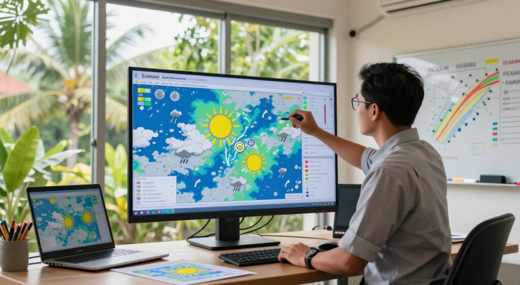 A professional meteorologist stands in a bright, airy office space, intently analyzing weather maps displayed on a large screen, with various forecasting tools and charts in the foreground. The room is filled with natural light streaming through large windows, allowing a view of lush tropical greenery outside, symbolizing Sanur, Bali's vibrant environment. In the background, a whiteboard features colorful markers outlining weather patterns, providing context to the scene. The weather maps show sunny skies, clouds, and rain symbols, illustrating a complex forecast. The mood is focused and professional, highlighting the importance of accurate weather interpretation. Use soft, warm lighting to create an inviting atmosphere, and capture the image from an angle that highlights both the meteorologist’s concentration and the weather displays on the screen. A professional meteorologist stands in a bright, airy office space, intently analyzing weather maps displayed on a large screen, with various forecasting tools and charts in the foreground. The room is filled with natural light streaming through large windows, allowing a view of lush tropical greenery outside, symbolizing Sanur, Bali's vibrant environment. In the background, a whiteboard features colorful markers outlining weather patterns, providing context to the scene. The weather maps show sunny skies, clouds, and rain symbols, illustrating a complex forecast. The mood is focused and professional, highlighting the importance of accurate weather interpretation. Use soft, warm lighting to create an inviting atmosphere, and capture the image from an angle that highlights both the meteorologist’s concentration and the weather displays on the screen.