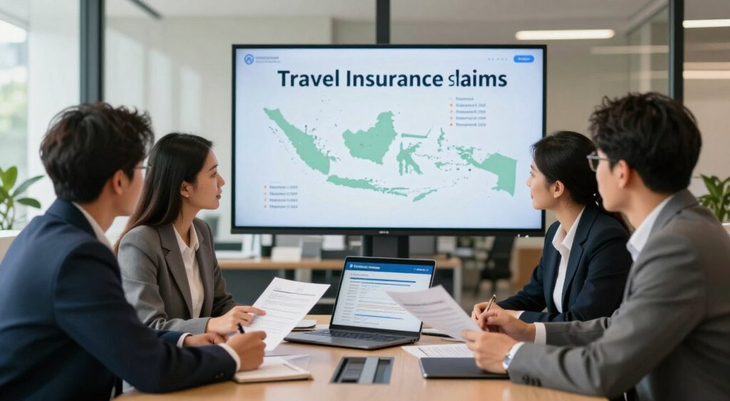 A professional office environment illustrating the concept of navigating travel insurance claims and 24/7 support services. In the foreground, a diverse group of three business professionals—two men and one woman—are engaged in a discussion around a conference table, examining documents and a laptop displaying insurance claims. The middle ground features a large screen showing a map of Indonesia with emergency service numbers. The background is an open office with large windows allowing natural light to filter in, creating a warm, inviting atmosphere. Soft shadows and a shallow depth of field emphasize the focus on the professionals. The overall mood is supportive, collaborative, and reassuring, highlighting the importance of reliable services during travel emergencies.