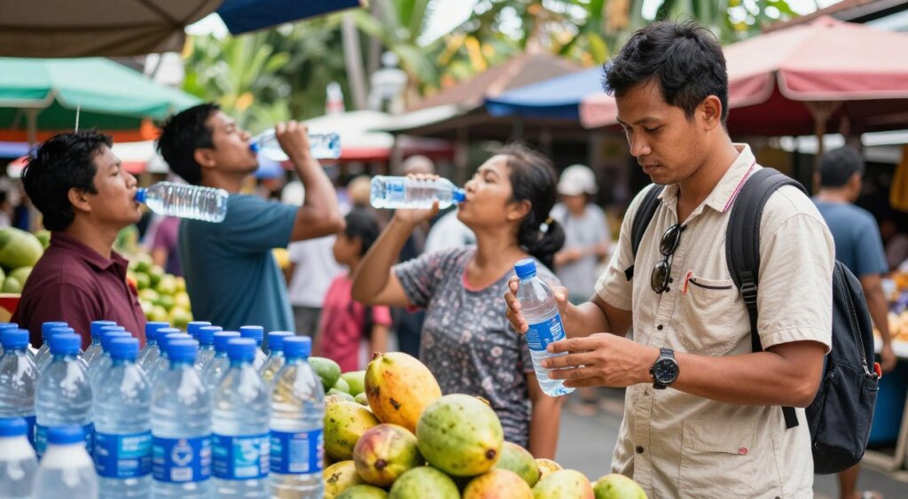 A professional photojournalism scene depicting a vibrant market in Bali, focusing on water safety strategies to avoid Bali Belly. In the foreground, a local vendor displays safe bottled water and fresh fruit while a traveler, dressed in modest casual attire, examines the products with a thoughtful expression. In the middle ground, families drink from bottled water, emphasizing safe hydration practices. In the background, lush tropical foliage and colorful market stalls create a lively atmosphere. The lighting is bright and natural, capturing the warmth of a sunny day, while a slight depth of field draws focus to the traveler and vendor interactions. The overall mood is informative and engaging, highlighting the importance of staying safe while enjoying the local culture. A professional photojournalism scene depicting a vibrant market in Bali, focusing on water safety strategies to avoid Bali Belly. In the foreground, a local vendor displays safe bottled water and fresh fruit while a traveler, dressed in modest casual attire, examines the products with a thoughtful expression. In the middle ground, families drink from bottled water, emphasizing safe hydration practices. In the background, lush tropical foliage and colorful market stalls create a lively atmosphere. The lighting is bright and natural, capturing the warmth of a sunny day, while a slight depth of field draws focus to the traveler and vendor interactions. The overall mood is informative and engaging, highlighting the importance of staying safe while enjoying the local culture.