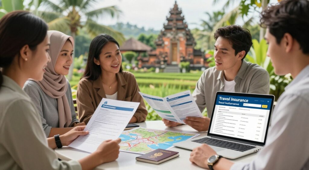 A professional photojournalism-style image illustrating the considerations when selecting a travel insurance policy for a trip to Indonesia. In the foreground, a diverse group of well-dressed travelers, including a Southeast Asian woman and a Caucasian man, are engaged in discussion, reviewing insurance documents and a travel guide. In the middle, a clear table displays items like a travel map, passport, and a laptop with insurance quotes on the screen. The background features tropical greenery and iconic Indonesian landmarks like temples or rice terraces, softly blurred to highlight the foreground subjects. The scene is well-lit with natural sunlight filtering through, creating a warm and inviting atmosphere, emphasizing the importance of informed decision-making in travel insurance.