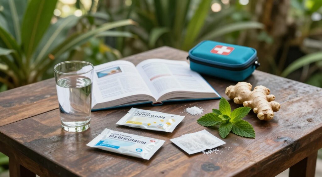 A professional photojournalism-style image showing a serene outdoor setting in Bali, focusing on a wooden table adorned with various traveler diarrhea treatment options. In the foreground, a clear glass of electrolytes, packets of oral rehydration salts, and herbal remedies such as ginger and peppermint leaves are artfully arranged. In the middle, an open travel guidebook lays beside a small travel-first-aid kit, subtly indicating self-care options. The background features lush greenery of Bali, with soft sunlight filtering through the leaves, creating a calming ambiance. Use a slightly angled aerial perspective to capture the layout effectively, highlighting the products. The overall mood is informative yet tranquil, emphasizing the importance of self-care while traveling. A professional photojournalism-style image showing a serene outdoor setting in Bali, focusing on a wooden table adorned with various traveler diarrhea treatment options. In the foreground, a clear glass of electrolytes, packets of oral rehydration salts, and herbal remedies such as ginger and peppermint leaves are artfully arranged. In the middle, an open travel guidebook lays beside a small travel-first-aid kit, subtly indicating self-care options. The background features lush greenery of Bali, with soft sunlight filtering through the leaves, creating a calming ambiance. Use a slightly angled aerial perspective to capture the layout effectively, highlighting the products. The overall mood is informative yet tranquil, emphasizing the importance of self-care while traveling.
