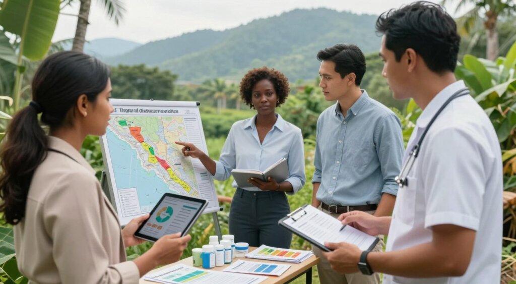 A professional, photojournalism-style scene depicting a diverse group of health professionals discussing tropical disease prevention strategies in a lush Asian setting. In the foreground, a South Asian woman in a smart-casual outfit holds a tablet, displaying charts and statistics. Nearby, an East Asian man, also dressed in modest business attire, points to a map illustrating high-risk areas for diseases. In the middle, another health expert, a Black woman in a professional blouse, takes notes while leaning against a table filled with informational pamphlets and medical supplies. The background shows a vibrant tropical landscape with dense greenery and distant mountains under soft, diffused sunlight creating a hopeful atmosphere. Focus it in a natural setting; use a slightly blurred depth of field for a documentary feel, evoking a mood of collaboration and proactive engagement. A professional, photojournalism-style scene depicting a diverse group of health professionals discussing tropical disease prevention strategies in a lush Asian setting. In the foreground, a South Asian woman in a smart-casual outfit holds a tablet, displaying charts and statistics. Nearby, an East Asian man, also dressed in modest business attire, points to a map illustrating high-risk areas for diseases. In the middle, another health expert, a Black woman in a professional blouse, takes notes while leaning against a table filled with informational pamphlets and medical supplies. The background shows a vibrant tropical landscape with dense greenery and distant mountains under soft, diffused sunlight creating a hopeful atmosphere. Focus it in a natural setting; use a slightly blurred depth of field for a documentary feel, evoking a mood of collaboration and proactive engagement.