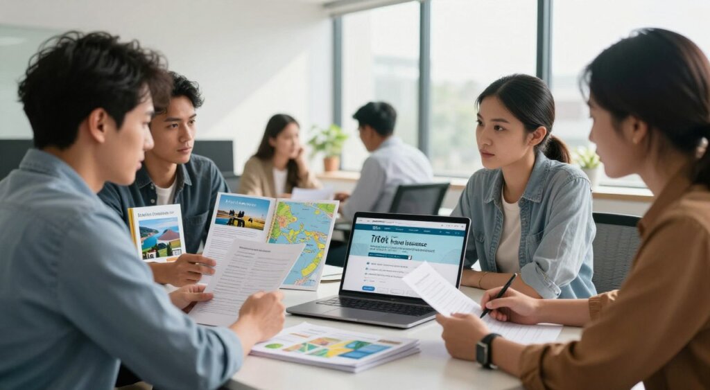 A professional setting showcasing a diverse group of Australian travelers engaging in a discussion about travel insurance options specific to Indonesia. In the foreground, three individuals—two men and one woman—are seated around a modern table, looking at documents and a laptop displaying an online travel insurance platform. They are dressed in smart casual attire, exuding a collaborative yet serious atmosphere. The middle ground features travel brochures and an open map of Indonesia. In the background, a bright office space with a large window allows natural light to flood in, casting soft shadows and enhancing the mood of focused planning. The overall composition should convey a sense of preparedness and professionalism, with rich colors and high contrast, emulating National Geographic’s photojournalistic style.