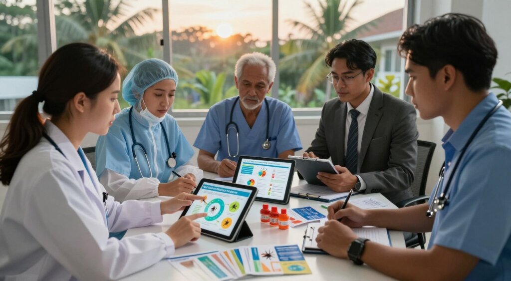 A professional setting showcasing a diverse group of healthcare workers analyzing public health guidelines on preventive measures for mosquito-borne diseases in Southeast Asia. In the foreground, a female doctor in a lab coat points at a digital tablet displaying a colorful infographic, while a male epidemiologist in business attire takes notes. The middle ground includes a desk with various mosquito prevention materials such as insect repellent, protective clothing, and educational pamphlets. The background features a large window with a view of a tropical landscape, bathed in warm evening light, casting soft shadows. The atmosphere should evoke a sense of collaboration and urgency, highlighting the importance of public health awareness and proactive measures.