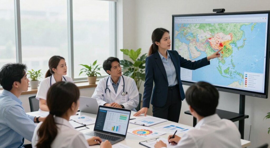 A professional setting showcasing a diverse team of public health officials, including individuals of Asian descent, engaged in a dynamic meeting. In the foreground, a woman in a smart business outfit points to a large map displayed on a digital screen indicating tropical disease hotspots in Asia. The middle ground features a table strewn with charts, graphs, and a laptop open with data visualizations. In the background, large windows let in soft natural light, illuminating the room lined with plants creating a calm atmosphere. The mood conveys urgency and collaboration as the team assesses health risks and regional disease patterns. The image is taken from a slightly elevated angle, capturing the intensity and focus of the meeting, styled for a professional photojournalism feel akin to National Geographic. A professional setting showcasing a diverse team of public health officials, including individuals of Asian descent, engaged in a dynamic meeting. In the foreground, a woman in a smart business outfit points to a large map displayed on a digital screen indicating tropical disease hotspots in Asia. The middle ground features a table strewn with charts, graphs, and a laptop open with data visualizations. In the background, large windows let in soft natural light, illuminating the room lined with plants creating a calm atmosphere. The mood conveys urgency and collaboration as the team assesses health risks and regional disease patterns. The image is taken from a slightly elevated angle, capturing the intensity and focus of the meeting, styled for a professional photojournalism feel akin to National Geographic.