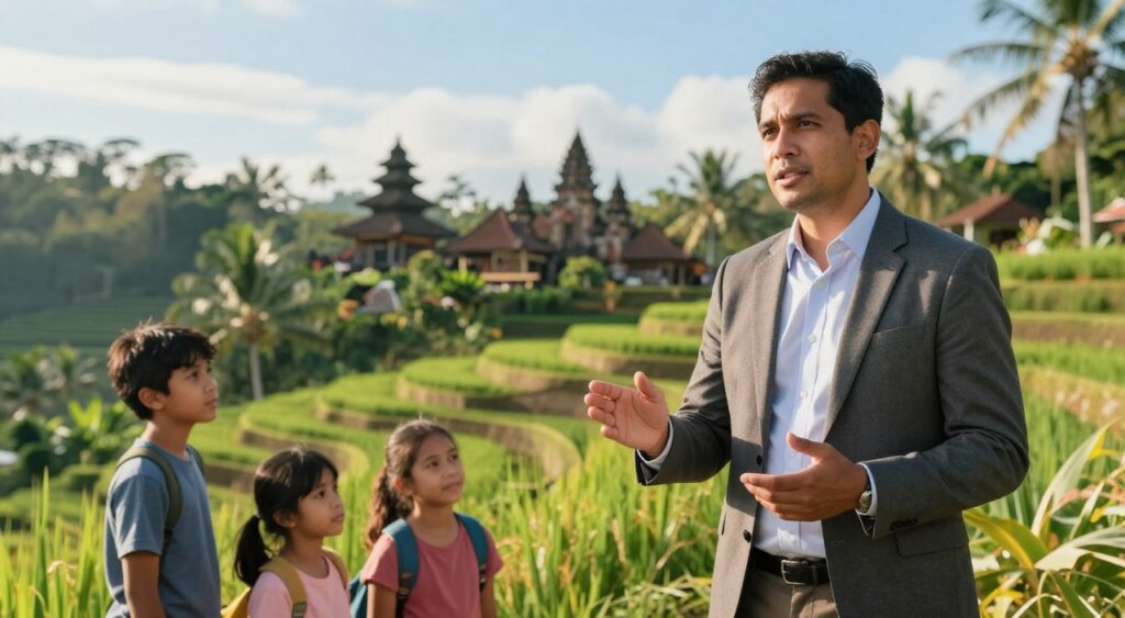 A professional travel insurance advisor in modest business attire stands confidently in the foreground, discussing trip protection key features with a family on vacation in Indonesia. In the middle ground, a lush tropical landscape symbolizes adventure, showcasing famous Indonesian landmarks like rice terraces and temples. The background features a clear blue sky, bathed in warm sunlight, creating an inviting atmosphere. Natural light emphasizes the family’s expressions, conveying peace of mind gained from their insurance coverage. The composition captures a candid moment of discussion, reflecting trust and reassurance, with a focus on the benefits of medical evacuation, trip cancellations, and travel assistance. The image is framed with a slight tilt for a dynamic perspective, reminiscent of professional photojournalism.