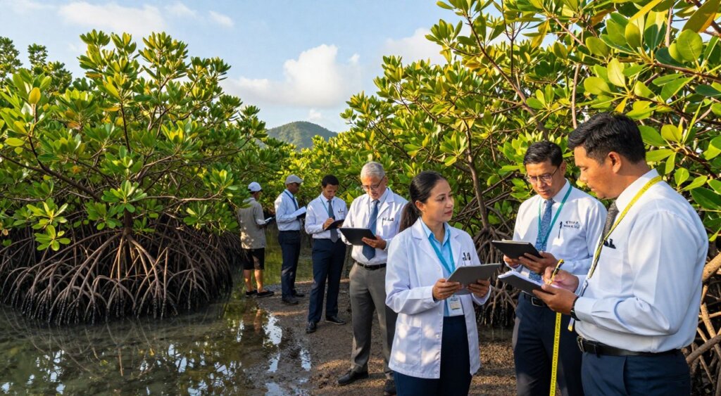 A realistic and detailed scene of data collection in a vibrant mangrove field, with several researchers in professional business attire. In the foreground, a diverse group of scientists, including a woman with a tablet and a man using a measuring tape, are engaged in taking readings and notes. The middle ground features dense, lush mangrove trees with tangled roots partially submerged in clear water, reflecting hints of sunlight. In the background, distant tropical islands and a bright blue sky create a serene atmosphere, illuminated by soft, natural lighting, suggesting an early morning. The setting conveys a sense of adventure and exploration, perfect for showcasing ecotourism efforts. The composition should evoke professionalism while being visually striking and engaging.