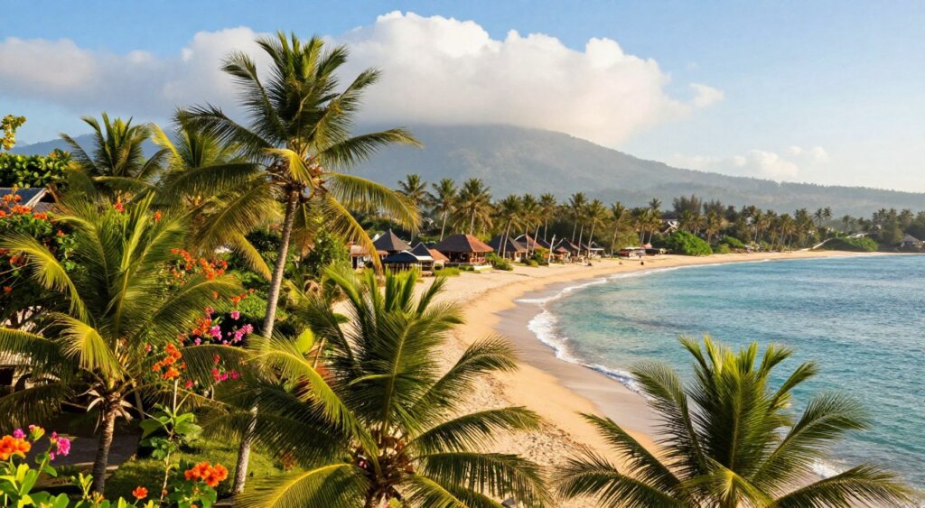 A scenic overview of Sanur, Bali, highlighting its tropical climate. In the foreground, lush green palm trees sway gently in the breeze, with vibrant flowers in hues of orange and pink. A serene beach stretches out, with soft golden sands meeting the clear turquoise waters. In the middle ground, traditional Balinese huts provide a cultural touch, surrounded by tropical greenery. The background features distant mountains shrouded in mist under a bright blue sky with fluffy white clouds. The sunlight bathes the scene in a warm glow, creating a restful and inviting atmosphere. Capture this landscape with a slight aerial perspective to emphasize the beauty of Sanur’s natural environment, conveying the essence of a tranquil tropical paradise. A scenic overview of Sanur, Bali, highlighting its tropical climate. In the foreground, lush green palm trees sway gently in the breeze, with vibrant flowers in hues of orange and pink. A serene beach stretches out, with soft golden sands meeting the clear turquoise waters. In the middle ground, traditional Balinese huts provide a cultural touch, surrounded by tropical greenery. The background features distant mountains shrouded in mist under a bright blue sky with fluffy white clouds. The sunlight bathes the scene in a warm glow, creating a restful and inviting atmosphere. Capture this landscape with a slight aerial perspective to emphasize the beauty of Sanur’s natural environment, conveying the essence of a tranquil tropical paradise.