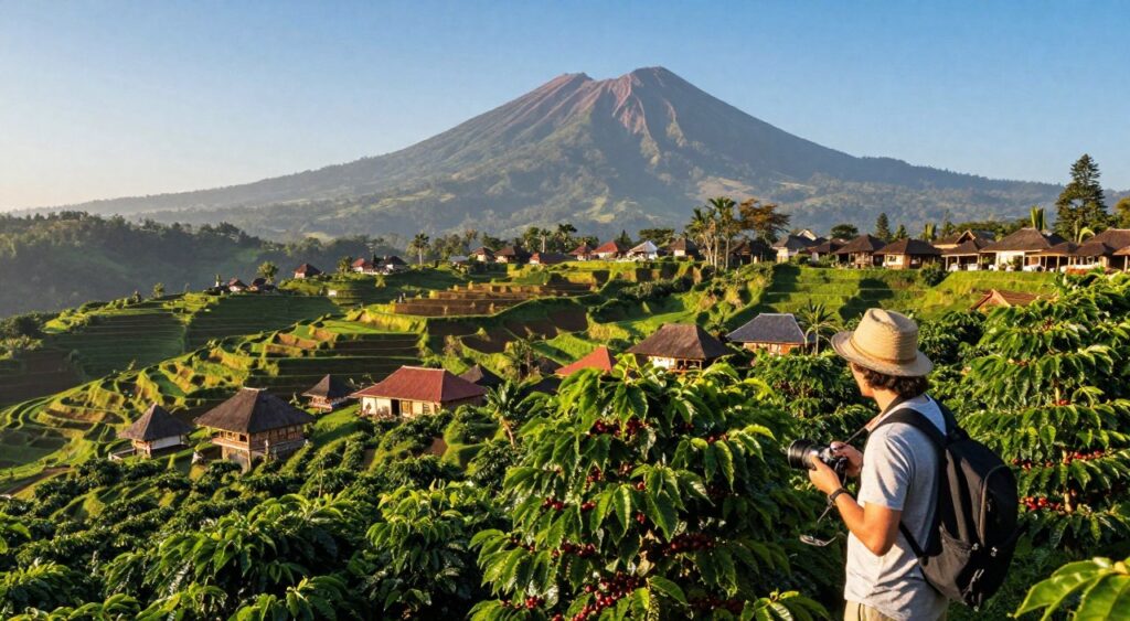 A scenic travel guide image of the highlands in Kintamani, Bali, capturing lush coffee plantations and traditional Balinese architecture. In the foreground, a well-dressed traveler with a camera is examining coffee plants, absorbing the local culture. The middle ground showcases vibrant green hills dotted with terraced fields, interspersed with small traditional houses that reflect Balinese design. The background features a majestic view of Mount Batur under a clear blue sky, with soft, warm sunlight illuminating the landscape. Shot with a wide-angle lens at a slightly elevated angle to emphasize the beauty of the highlands, creating an inviting and serene atmosphere, perfect for travel inspiration. The mood is peaceful and rejuvenating, highlighting the essence of discovery in the highlands.