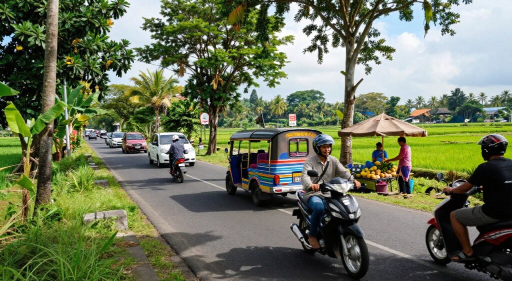 A scenic view of navigating Bali roads, showcasing a busy street filled with various modes of transportation, including scooters, cars, and traditional bemos. In the foreground, a motorbike rider wearing a helmet and modest clothing navigates through vibrant greenery lining the road. In the middle ground, a colorful bemo is stopped near a local vendor selling tropical fruits. The background features lush rice paddies and distant hills under a bright blue sky, with soft, dappled sunlight filtering through the trees, creating an inviting atmosphere. Capture this scene with a wide-angle lens to accentuate the hustle and bustle, emphasizing the charm of Bali's unique roads while conveying a sense of adventure and safety for travelers.