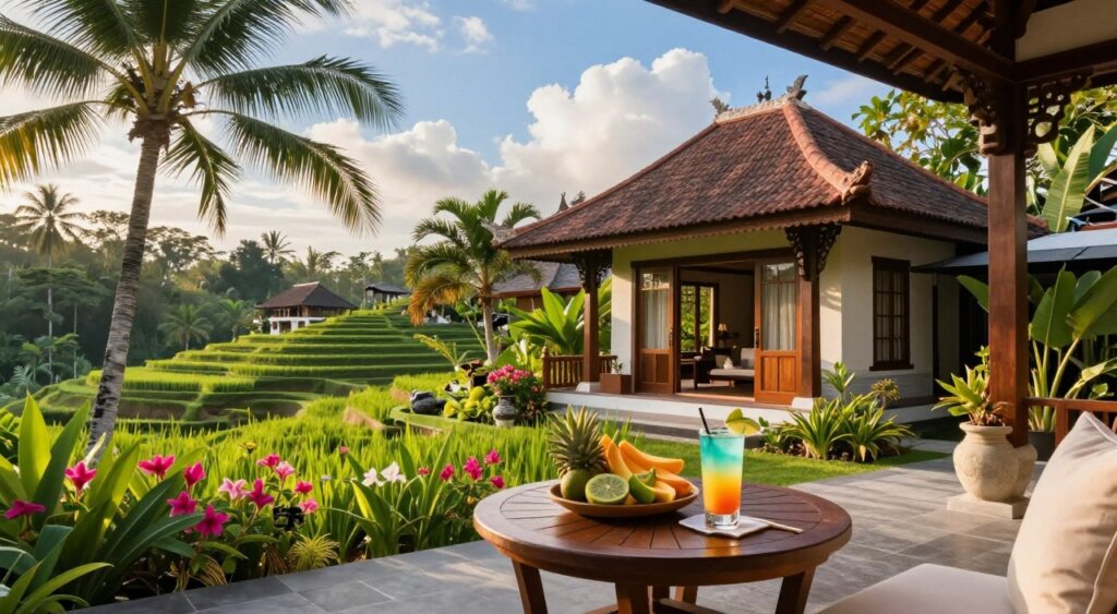 A serene Bali accommodation scene, focused on a peaceful outdoor terrace at a villa. In the foreground, a wooden table set with tropical fruits and a refreshing drink, suggesting relaxation. The middle ground features a beautifully designed villa with traditional Balinese architecture, surrounded by lush green gardens, vibrant flowers, and palm trees swaying gently in the breeze. In the background, the iconic rice terraces are bathed in soft afternoon sunlight, with fluffy clouds dotting a bright blue sky, evoking a tranquil atmosphere. The image captures a perfect blend of luxury and nature, conveying a sense of comfort and serenity, ideal for travelers seeking accommodation tips. The lighting is warm and inviting, perfect for a vacation in Bali. A serene Bali accommodation scene, focused on a peaceful outdoor terrace at a villa. In the foreground, a wooden table set with tropical fruits and a refreshing drink, suggesting relaxation. The middle ground features a beautifully designed villa with traditional Balinese architecture, surrounded by lush green gardens, vibrant flowers, and palm trees swaying gently in the breeze. In the background, the iconic rice terraces are bathed in soft afternoon sunlight, with fluffy clouds dotting a bright blue sky, evoking a tranquil atmosphere. The image captures a perfect blend of luxury and nature, conveying a sense of comfort and serenity, ideal for travelers seeking accommodation tips. The lighting is warm and inviting, perfect for a vacation in Bali.