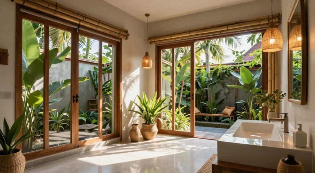 A serene Bali bathroom scene showcasing innovative lighting design that enhances natural illumination. In the foreground, a sleek, modern sink with a polished surface reflects soft, warm light. In the middle, large windows framed with bamboo allow sunlight to flood the space, while suspended pendant lights made of natural materials cast gentle shadows, accentuating the textures of wooden accents and tropical plants. In the background, a lush indoor garden visible through the windows adds a touch of greenery. The atmosphere is tranquil and inviting, emphasizing a harmonious blend of indoor and outdoor elements. The scene is captured with a wide-angle lens, highlighting the expansive feel of the space while creating a realistic, Instagram-worthy composition.