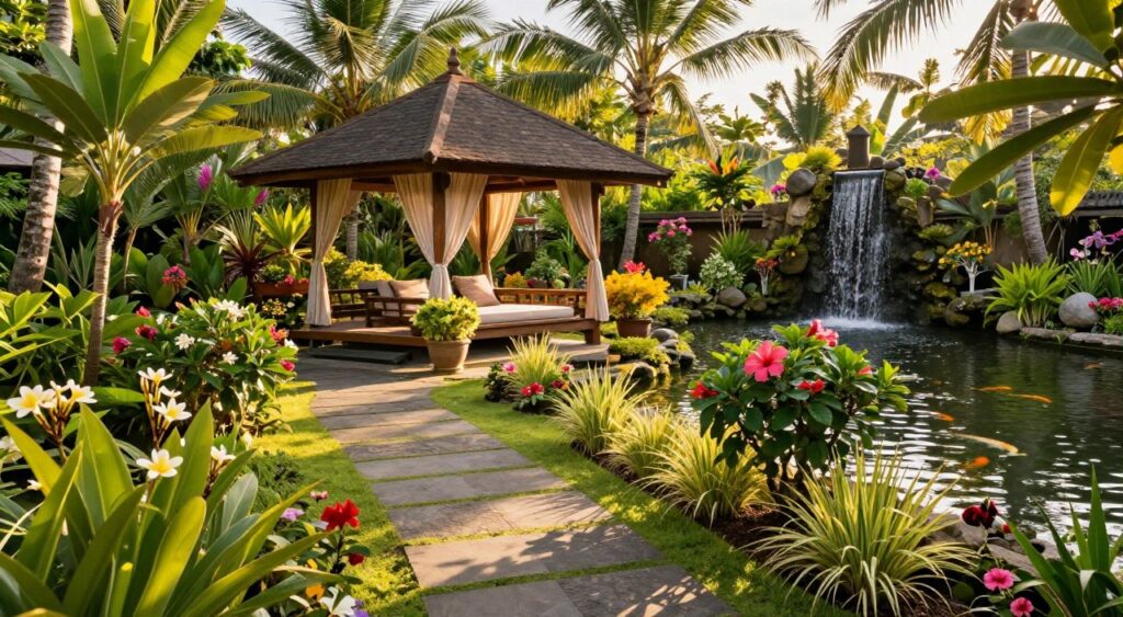 A serene Bali garden featuring lush tropical plants, vibrant flowers, and tranquil water features. In the foreground, a stone pathway meanders through various clusters of frangipani and hibiscus, surrounded by ornamental grasses. The middle ground showcases a wooden gazebo adorned with draping curtains and surrounded by colorful potted plants, creating an inviting relaxation area. In the background, a gentle waterfall cascades into a koi pond, framed by towering palm trees. Soft, golden-hour sunlight bathes the scene, casting dynamic shadows and highlighting textures. The mood is peaceful and serene, inviting a sense of calm and natural beauty, perfect for an outdoor oasis in Bali. Shot from a slightly elevated angle to capture the entirety of the garden layout.
