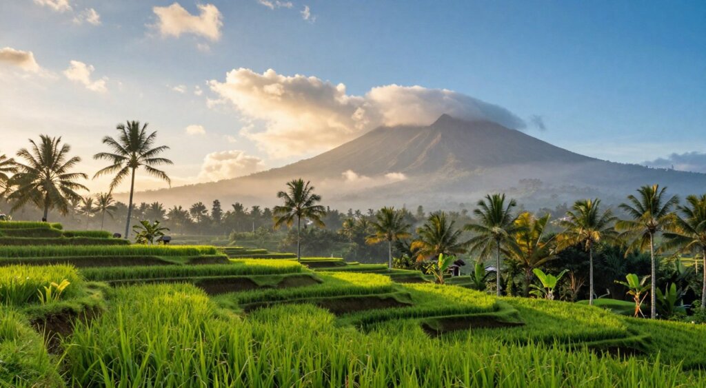 A serene Bali landscape during November, showcasing vibrant green rice terraces in the foreground, glistening after a refreshing rain. In the middle ground, palm trees sway gently in a soft breeze, while scattered cumulus clouds float in a bright blue sky, suggesting occasional rain showers. The background features majestic volcanic mountains shrouded in mist, bathed in the golden hues of the late afternoon sun. The lighting is warm and inviting, creating a tranquil atmosphere that captures the lushness and vitality of Bali in November. The scene reflects a peaceful, magical vibe, emblematic of the island's rich nature and serene beauty.