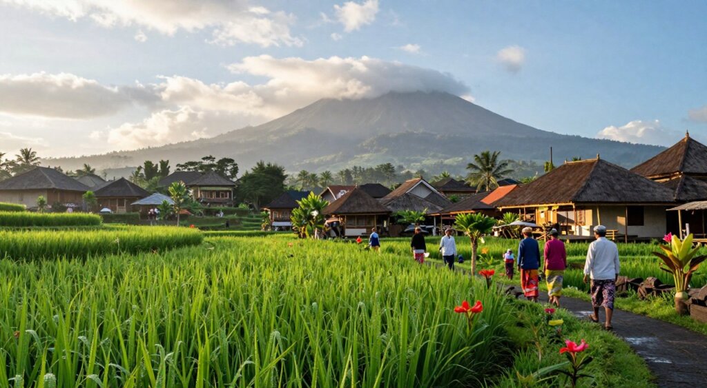 A serene Bali scene in April, showcasing the transition from the dry season to the wet season. In the foreground, a lush green rice terrace glimmers with morning dew, dotted with vibrant tropical flowers. In the middle ground, a peaceful village featuring traditional Balinese architecture, with locals in modest, colorful clothing going about their day. In the background, majestic volcanic mountains rise under a partly cloudy sky, capturing the unique weather of April. Soft, warm sunlight filters through the clouds, creating a tranquil atmosphere. The scene is captured from a slightly elevated angle, evoking a sense of depth and exploration. Emphasize the vibrant greens and blues, enhancing the inviting and lively mood that makes April a standout time to visit Bali. A serene Bali scene in April, showcasing the transition from the dry season to the wet season. In the foreground, a lush green rice terrace glimmers with morning dew, dotted with vibrant tropical flowers. In the middle ground, a peaceful village featuring traditional Balinese architecture, with locals in modest, colorful clothing going about their day. In the background, majestic volcanic mountains rise under a partly cloudy sky, capturing the unique weather of April. Soft, warm sunlight filters through the clouds, creating a tranquil atmosphere. The scene is captured from a slightly elevated angle, evoking a sense of depth and exploration. Emphasize the vibrant greens and blues, enhancing the inviting and lively mood that makes April a standout time to visit Bali.