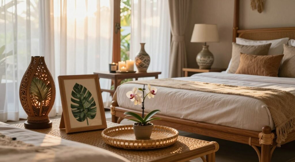 A serene Balinese bedroom adorned with elegant accessories, featuring a woven rattan bed frame garnished with soft, earth-toned linens and layered cushions. In the foreground, decorative elements like a hand-carved wooden lamp, tropical leaf prints in a natural wood frame, and a woven bamboo tray with a small potted orchid add intricate details. The middle layer showcases a stylish bedside table, displaying a collection of scented candles and a handmade ceramic vase. In the background, large windows with sheer white curtains diffuse warm, golden sunlight, creating a tranquil atmosphere. The overall mood is peaceful and inviting, perfect for a tropical retreat. The scene should be captured with a soft focus lens, emphasizing the textures and colors while maintaining a cozy, harmonious vibe.