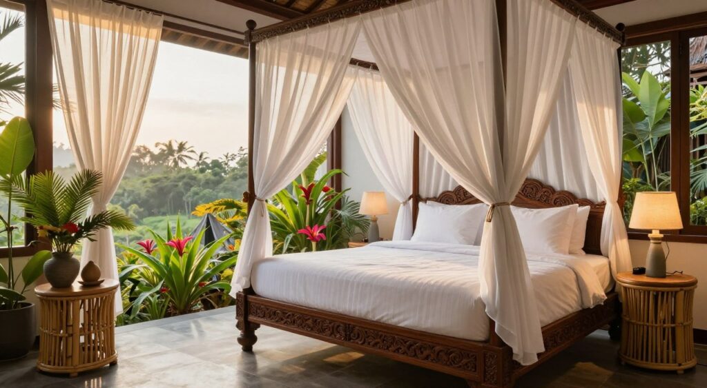 A serene Balinese bedroom featuring a beautiful, intricately carved wooden bed with a lush, white canopy draped elegantly overhead. On either side, stylish bedside tables constructed from natural bamboo adorned with tropical plant decor and minimalist lamps provide a calming atmosphere. The foreground showcases the inviting bed setup, while lush greenery and tropical flowers enhance the ambiance in the middle ground. In the background, large windows reveal a tranquil outdoor view of a Bali landscape, with soft, golden sunlight filtering through sheer curtains, casting gentle shadows. Capture the image with a wide-angle lens to emphasize depth and tranquility, creating a harmonious, inviting mood perfect for relaxation and comfort.