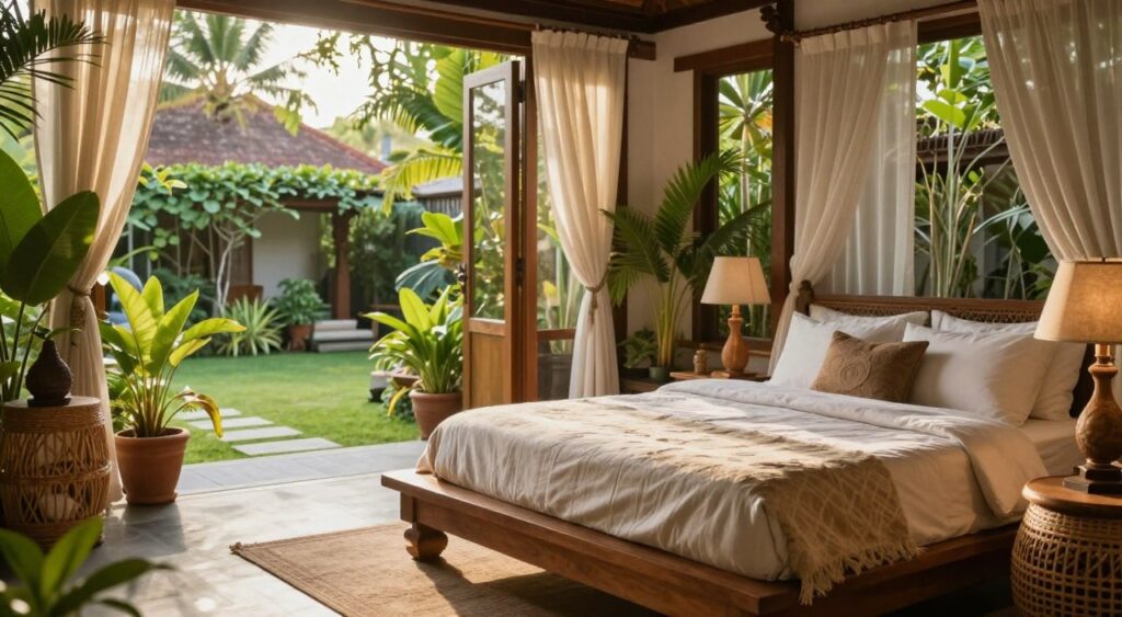 A serene Balinese bedroom infused with tropical elements, showcasing authentic design principles. In the foreground, a beautifully crafted wooden platform bed adorned with organic cotton bedding in soft, earthy tones. Beside it, elegant rattan nightstands hold hand-carved wooden lamps. The middle ground features lush potted plants with vibrant green leaves, artfully arranged around the room, creating a natural oasis. In the background, large open windows unveil a breathtaking view of a tranquil Balinese garden, with soft, diffused sunlight filtering through sheer curtains. The overall atmosphere is calming and inviting, emphasizing harmony with nature. Shot with a wide-angle lens at a warm, golden hour light to accentuate the peaceful ambiance, perfect for an Instagram-worthy scene.