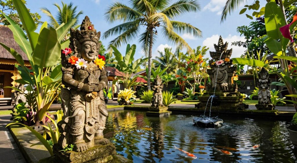 A serene Balinese garden scene featuring intricately carved stone statues surrounded by lush tropical plants. In the foreground, a beautifully detailed statue of a Balinese goddess adorned with vibrant flowers. The middle ground showcases elegant water features, including a gently flowing fountain and a peaceful koi pond, reflecting the statues and greenery. In the background, towering coconut trees sway softly against a clear blue sky. Soft, dappled sunlight filters through the leaves, creating a warm and inviting ambiance. The perspective captures the scene at an angle that emphasizes depth, inviting viewers into the tranquil landscape. The overall mood is one of calmness and harmony, perfect for evoking a sense of peaceful retreat.