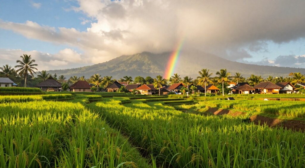 A serene Balinese landscape depicting September weather patterns, showcasing alternating sunshine and gentle rainfall. In the foreground, lush green rice terraces glisten with droplets, reflecting sunlight that breaks through fluffy white clouds. To the mid-ground, a vibrant rainbow arcs gracefully over a tranquil village, while soft shadows from palm trees dance on the ground. In the background, majestic volcanic mountains rise into a partly cloudy sky, hinting at the seasonal shift. The lighting should be warm and inviting, capturing the golden hues of late afternoon, with a slight mist enhancing the atmosphere. The image conveys a peaceful, rejuvenating mood, perfect for illustrating the harmony of sunshine and rain in Bali's September weather.