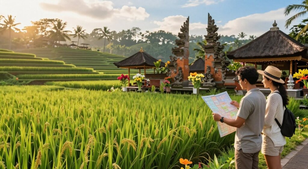 A serene Balinese landscape in November, showcasing lush green rice terraces illuminated by soft, golden sunlight. In the foreground, a couple dressed in modest casual clothing examines a detailed map, embodying the essence of travel planning. The middle ground features traditional Balinese architecture with intricate carvings, surrounded by tropical flowers in vibrant colors. In the background, gentle hills and a glimpse of a clear blue sky add depth. The lighting is warm and inviting, creating a peaceful atmosphere that inspires wanderlust and adventure. Capture the essence of Bali’s natural beauty and the excitement of discovering local tips for navigating this island paradise in November.