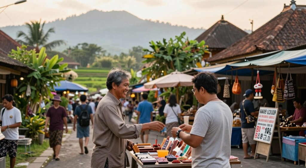 A serene Balinese street scene during golden hour, showcasing a local market bustling with activity. In the foreground, a friendly vendor, dressed in modest casual clothing, is interacting with a tourist who is examining handcrafted souvenirs. On a nearby stall, a sign displays various prices for common items to illustrate hidden costs. In the middle ground, lush greenery surrounds traditional Balinese architecture, with hints of rice terraces peeking through. In the background, a tranquil view of distant mountains under a soft, warm sunlight creates an inviting atmosphere. The image should capture the essence of a budget-conscious traveler’s experience, emphasizing the vibrant culture and subtle nuances of expenses in Bali. Focus on rich colors, natural lighting, and an immersive depth of field to evoke a sense of exploration and discovery.