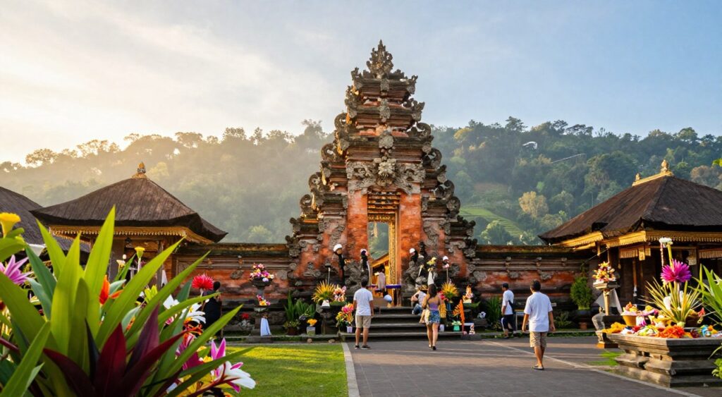 A serene Balinese temple scene, featuring intricately carved stone structures adorned with vibrant offerings. In the foreground, lush greenery and colorful tropical flowers frame a tranquil pathway leading to the temple entrance. In the middle ground, the majestic temple stands tall with its traditional tiered roofs, enveloped in soft, golden sunlight that creates a warm glow. Visitors in modest, casual clothing explore the area, appreciating the cultural beauty around them. In the background, rice terraces and distant jungle hills fade into a hazy blue sky. The overall atmosphere is peaceful and reflective, inviting viewers to immerse themselves in the rich cultural heritage of Bali. Capture this image with a wide-angle lens, emphasizing depth and vibrant colors. A serene Balinese temple scene, featuring intricately carved stone structures adorned with vibrant offerings. In the foreground, lush greenery and colorful tropical flowers frame a tranquil pathway leading to the temple entrance. In the middle ground, the majestic temple stands tall with its traditional tiered roofs, enveloped in soft, golden sunlight that creates a warm glow. Visitors in modest, casual clothing explore the area, appreciating the cultural beauty around them. In the background, rice terraces and distant jungle hills fade into a hazy blue sky. The overall atmosphere is peaceful and reflective, inviting viewers to immerse themselves in the rich cultural heritage of Bali. Capture this image with a wide-angle lens, emphasizing depth and vibrant colors.
