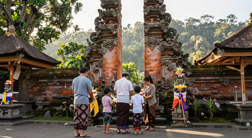 A serene Balinese temple scene showcasing cultural etiquette. In the foreground, a family of four dressed in modest, respectful attire prepares to enter the temple, with children holding traditional offerings. The middle ground features intricate stone carvings and ornate temple architecture, adorned with vibrant offerings and colorful fabrics draped on statues. The background captures lush greenery and distant hills, framed by soft, golden sunlight filtering through the trees, creating a peaceful atmosphere. The image should convey a sense of reverence and cultural appreciation, emphasizing health and well-being in this spiritual setting. Aim for a natural, candid style reminiscent of professional photojournalism, with warm lighting and a slightly wide-angle perspective.