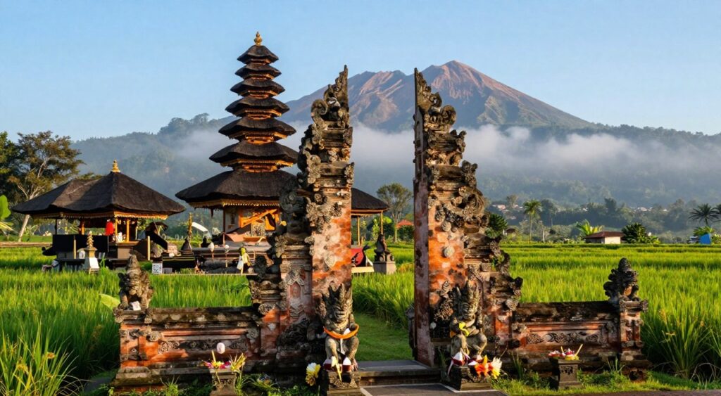 A serene Balinese temple set in the lush landscapes of Kintamani, surrounded by vibrant green rice fields under a clear blue sky. In the foreground, traditional stone sculptures, intricately carved with mythical figures, frame the entrance of the temple, adorned with colorful offerings. The middle ground features the temple itself, showcasing its iconic tiered roofs and ornate details, bathed in warm sunlight that highlights the rich textures of the stone. In the background, majestic volcanic mountains rise, enveloped in gentle mist, creating a spiritual atmosphere. The scene captures the essence of Balinese culture and spirituality, inviting a sense of peace and reflection. Soft, natural lighting, with a focus on the temple's intricate details, enhances the tranquil mood, suggesting harmony with nature. The angle offers a slightly elevated perspective for a panoramic view, perfect for an Instagram-worthy shot.