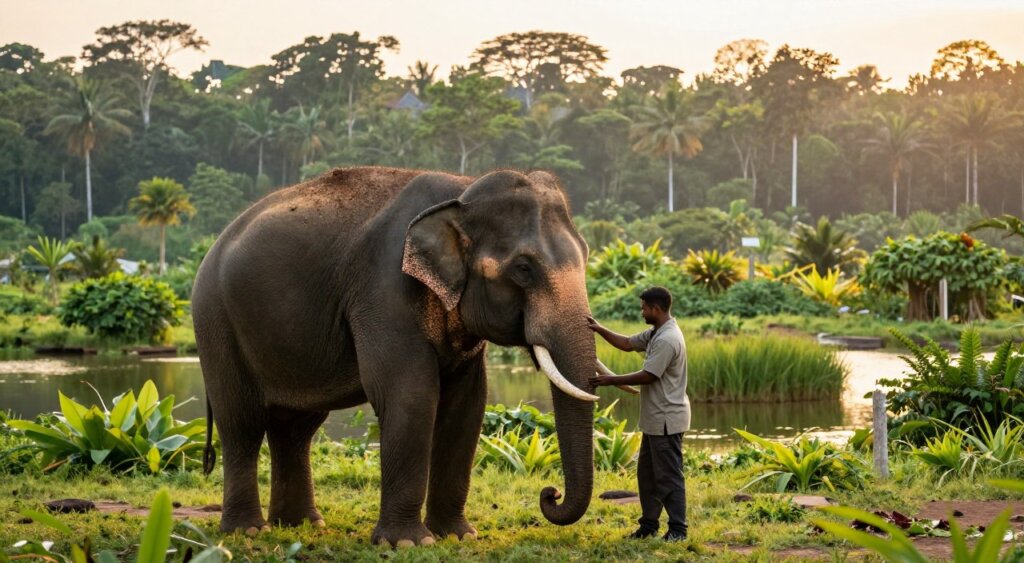 A serene Sumatran Elephant Sanctuary, capturing the essence of conservation efforts. In the foreground, a majestic Sumatran elephant stands gracefully amidst lush greenery, with a keeper providing care and guidance, dressed in modest, professional attire. The middle ground showcases a vibrant habitat with natural water sources and enriched vegetation, highlighting the rich biodiversity of the sanctuary. The background features a soft-focus of dense tropical forests under a warm, golden sunrise, casting a gentle light across the scene. The composition is taken with a wide-angle lens, emphasizing the vastness and tranquility of the sanctuary. The mood is one of harmony and hope, reflecting the conservation center's mission of protecting these magnificent creatures.