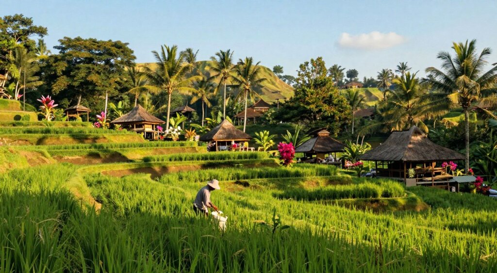 A serene Ubud landscape during the day showcasing a blend of lush green rice terraces and the signature tropical flora of Bali. In the foreground, a well-maintained terrace with a farmer in modest, casual clothing tending to the fields. The middle ground features traditional Balinese huts surrounded by vibrant flowers and palm trees, indicating a rich ecological environment. In the background, gentle hills roll under a clear blue sky, hinting at a picturesque sunny day while soft light filters through the trees, creating dappled shadows. The scene conveys a tranquil and inviting atmosphere, perfect for a Bali adventure, with a warm color palette enhancing the experience. Use a wide-angle lens to capture the expansive landscape, ensuring a calming and immersive feel.