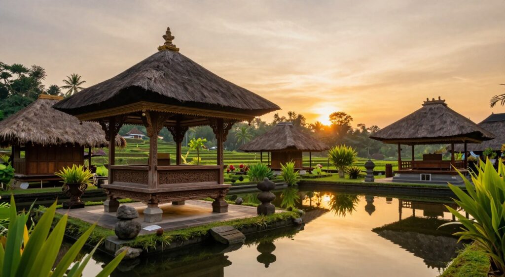A serene and harmonious depiction of traditional Balinese architecture illustrating spatial principles. In the foreground, a beautifully crafted wooden pavilion with intricate carvings, surrounded by lush greenery and carefully placed stones, demonstrating balance and symmetry. The middle ground features a tranquil pond reflecting the pavilion and traditional thatched roofs, emphasizing the relationship between nature and built environment. The background showcases distant rice terraces against a vibrant sunset, casting warm golden hues that enhance the peaceful atmosphere. The scene is captured with a wide-angle lens to emphasize depth, with soft, natural lighting creating a calming and inviting mood. The overall composition embodies the connection between human habitation and nature grounded in Balinese philosophy.