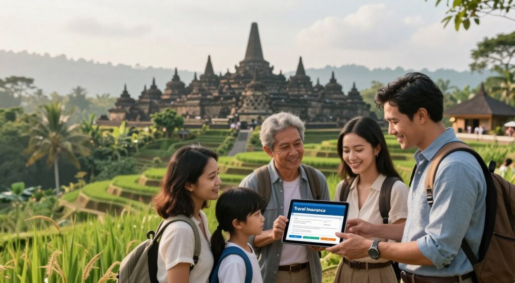 A serene and informative composition showcasing an overview of travel insurance for Indonesia, emphasizing medical evacuation coverage. In the foreground, a diverse group of travelers, including a Southeast Asian family and a Western couple, are looking at a tablet displaying travel insurance options, all dressed in smart, casual attire. The middle ground features lush Indonesian landscapes, such as rice terraces and tropical forests, symbolizing adventure. The background captures iconic landmarks like Borobudur and the beaches of Bali, under soft, diffused sunlight. The mood is one of reassurance and exploration, evoking a sense of safety and discovery. The image is shot with a slight low angle to enhance the vibrancy of the scene, creating a professional photojournalism style reminiscent of National Geographic quality.