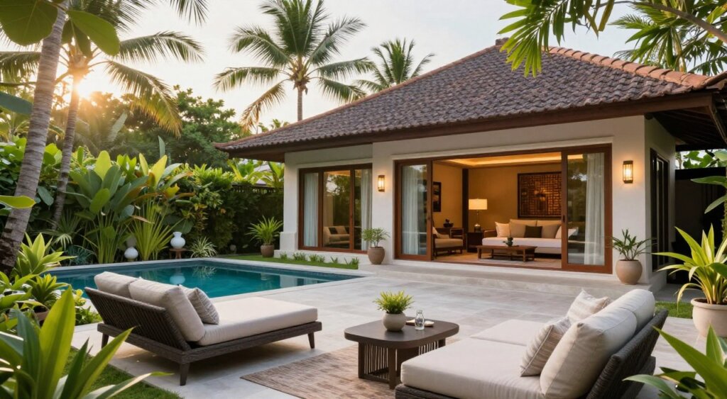 A serene and inviting scene of luxurious accommodation options in Bali for a comfortable stay. In the foreground, showcase a beautifully arranged outdoor terrace with modern, comfortable lounge furniture and elegant decorative plants. The middle layer features a stylish villa with large windows that allow natural light to flood in, displaying a cozy living area with tasteful furnishings. In the background, lush tropical greenery and palm trees frame the villa against a bright, sunny sky. The atmosphere conveys relaxation and tranquility, with soft, warm lighting suggesting a late afternoon ambiance. Capture this scene from a slightly elevated angle to emphasize the harmony between the accommodation and its stunning natural surroundings. Ensure the image is vibrant and inviting, creating a sense of peace and comfort.