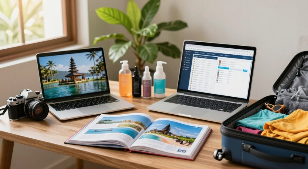 A serene and inviting scene of pre-trip preparations for Bali, capturing a well-organized travel desk. In the foreground, a neatly arranged open travel guidebook showcases vibrant pictures of Bali's beaches and temples, surrounded by a laptop displaying flight itineraries and accommodation plans. A stylish camera, travel-sized toiletries, and a packed suitcase partially open with tropical clothing and accessories are also visible. In the middle ground, a vibrant green indoor plant brings life to the scene, while a soft, warm light bathes the entire area, creating a cozy atmosphere. In the background, a window shows a hint of a sunny day outside, evoking the anticipation of a tropical adventure. The image is shot in a professional photojournalism style, focusing on detail and realism.