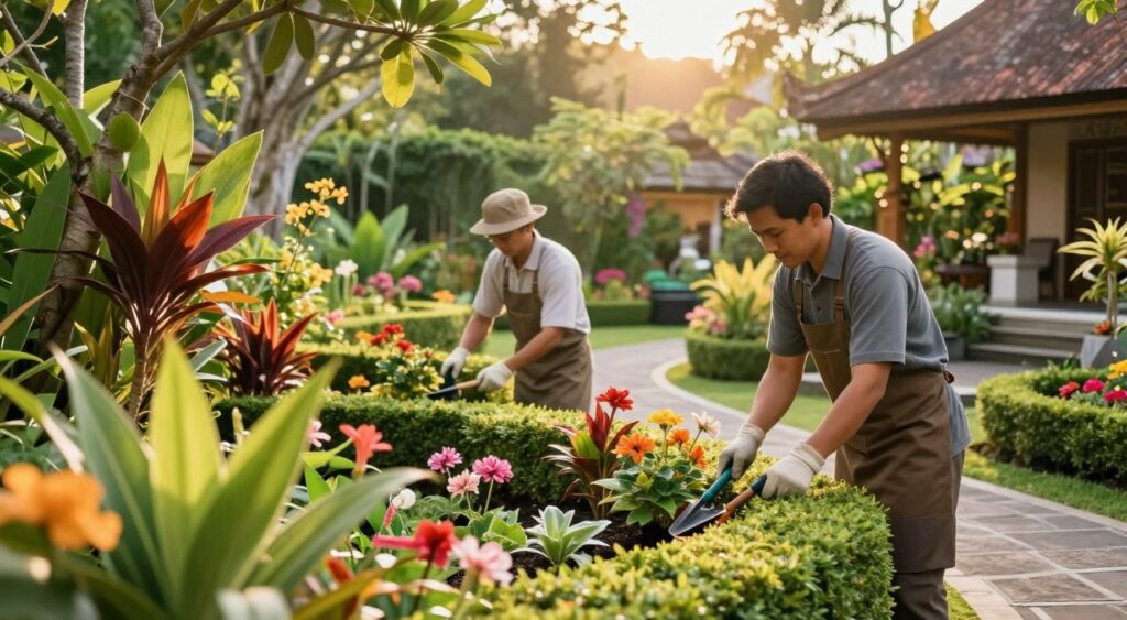 A serene and lush Bali garden in full bloom, showcasing a team of two professional gardeners in smart casual attire, diligently tending to vibrant tropical plants and flowers. In the foreground, rich green foliage and colorful blossoms create a lively scene, with gardening tools neatly arranged. In the middle ground, the gardeners are using hand tools to shape hedges and prune flowering plants, displaying expertise and care. The background reveals traditional Balinese architecture and a gentle stone pathway leading through the garden, bathed in warm, golden sunlight filtering through the leaves. The scene captures the tranquil and harmonious atmosphere of Bali, inviting relaxation and peace. Ideal for a professional gardening service advertisement.