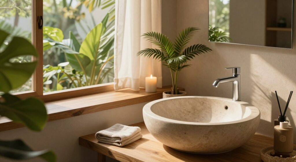 A serene bathroom setting featuring spa-inspired sinks and fixtures, foreground showcasing a sleek, natural stone sink with soft curves, under-mounted with elegant chrome faucets. In the middle, a minimalist wooden countertop adorned with tropical plants, candles, and a neutral-toned towel. The background reveals a large window with sheer curtains allowing warm, diffused sunlight to illuminate the scene, casting gentle shadows. The atmosphere is tranquil and inviting, with an emphasis on natural materials and a blend of modern and rustic design elements. The image captures a corner of the bathroom from a slight high angle, emphasizing harmony with nature. No people are present, ensuring a focus on the design elements.