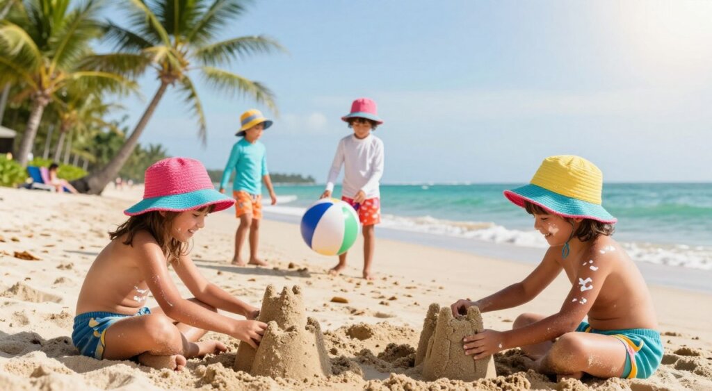A serene beach scene in Bali featuring a diverse group of children engaged in fun, sun-safe activities. In the foreground, two kids wearing colorful, protective hats and sunscreen smiles while building a sandcastle, showcasing their joyful playfulness. In the middle ground, another child is playing with a beach ball, wearing a lightweight, long-sleeve rash guard. The background captures the beautiful turquoise ocean and lush green palm trees swaying gently in the breeze under a bright, sunny sky. The lighting is warm and inviting, emphasizing a cheerful summer day. The image conveys a sense of family fun and health awareness, with a focus on sun protection for children. The composition is shot from a slightly elevated angle to encapsulate the vibrant atmosphere of Bali.