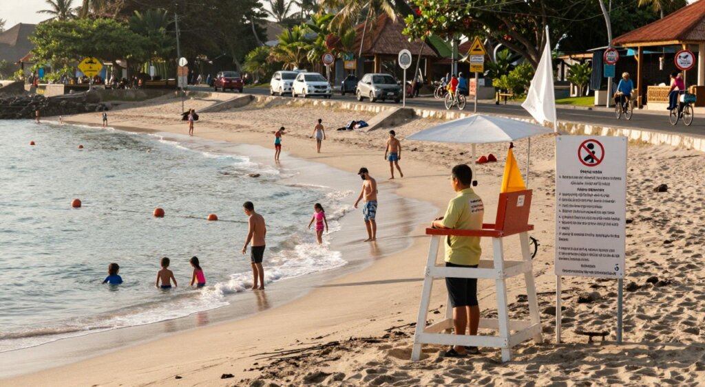 A serene beach scene in Bali showing water safety and traffic tips for travelers. In the foreground, a lifeguard tower with a lifeguard in professional beach attire closely monitoring the water, surrounded by safety flags. In the middle ground, families enjoying the beach, with parents supervising children swimming in a designated safe area marked by buoys. Nearby, a signpost with clear water safety rules illustrated. In the background, a bustling road with vehicles and tourists on bicycles, clearly marked with traffic signs showcasing safe travel tips. Soft, natural sunlight casts a warm glow over the scene, capturing the tropical environment with a sense of safety and fun. The composition is shot with a wide-angle lens, focusing on both the sea and road to emphasize the importance of safety.
