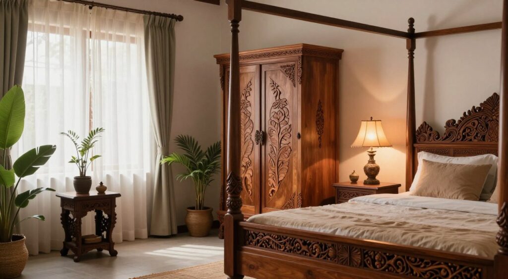 A serene bedroom showcasing traditional Balinese furniture craftsmanship, featuring intricately carved wooden pieces. In the foreground, a beautifully crafted four-poster bed with rich mahogany posts and finely detailed headboard is adorned with soft, earthy-toned linens. To the side, a hand-carved nightstand displays a tropical-inspired lamp with a warm glow. In the middle, there's a stylish wooden wardrobe, emphasizing artisanal craftsmanship with floral patterns and traditional motifs. The background features a softly lit window draped with sheer curtains, allowing gentle natural light to filter in, enhancing the tranquil atmosphere. The walls are painted in soothing pastel colors, creating a harmonious blend with lush indoor plants and decorative artifacts. Aim for a photo-realistic style with a warm, inviting ambiance.