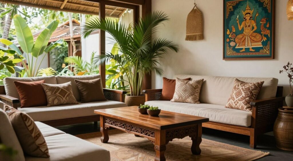 A serene interior space featuring elegant Balinese furniture and decor. In the foreground, a beautifully crafted wooden coffee table with intricate carvings, surrounded by plush, neutral-toned seating adorned with patterned cushions. The middle ground showcases a lush indoor plant, possibly a palm or ferns, adding a touch of tropical greenery. In the background, large windows let in warm natural light, illuminating bamboo accents, woven wall hangings, and a vibrant painting inspired by Balinese culture. The atmosphere is calming, evoking a serene tropical retreat, with soft shadows and a cozy ambiance. Use a wide-angle lens perspective to capture the inviting layout, ensuring the scene feels spacious and harmonious. The color palette should be earthy tones with rich browns, greens, and soft whites, creating a balanced and inviting setting. A serene interior space featuring elegant Balinese furniture and decor. In the foreground, a beautifully crafted wooden coffee table with intricate carvings, surrounded by plush, neutral-toned seating adorned with patterned cushions. The middle ground showcases a lush indoor plant, possibly a palm or ferns, adding a touch of tropical greenery. In the background, large windows let in warm natural light, illuminating bamboo accents, woven wall hangings, and a vibrant painting inspired by Balinese culture. The atmosphere is calming, evoking a serene tropical retreat, with soft shadows and a cozy ambiance. Use a wide-angle lens perspective to capture the inviting layout, ensuring the scene feels spacious and harmonious. The color palette should be earthy tones with rich browns, greens, and soft whites, creating a balanced and inviting setting.