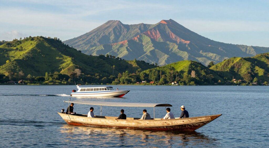 A serene landscape of Lake Toba with various transport options in focus, capturing the essence of navigating this stunning location. In the foreground, a traditional wooden boat gently floats on the calm waters, with passengers dressed in modest casual clothing, enjoying the picturesque surroundings. In the middle ground, a modern speedboat zips across the lake, showcasing the diversity of transport methods available. The background displays lush green hills and vibrant volcanic mountains, under a clear blue sky with soft, diffused sunlight. The scene conveys a tranquil and inviting atmosphere, evoking a sense of adventure and cultural exploration. The photograph should be taken from a slightly elevated angle to encompass the full beauty of the landscape, emphasizing the connections between the transport options and the stunning natural backdrop.