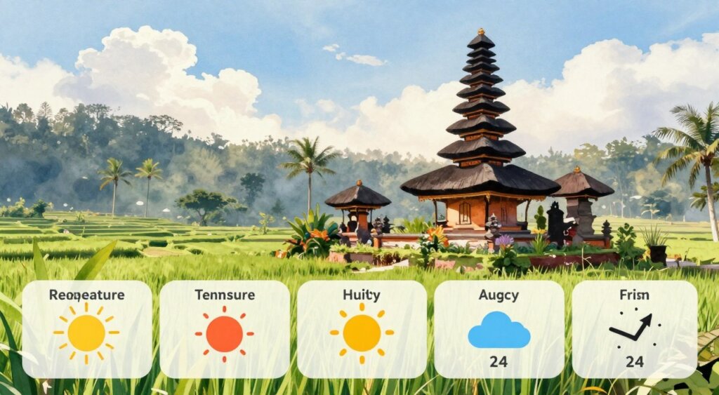 A serene overview of Bali in August, illustrating weather statistics. In the foreground, a beautifully arranged infographic style display of key weather metrics: temperature, humidity, and rainfall, using vibrant tropical colors. In the middle ground, a watercolor-like landscape of Bali’s lush green rice terraces and palm trees, under a soft, clear blue sky dotted with fluffy white clouds. The background features the iconic silhouette of a Balinese temple, bathed in warm sunlight to create a tranquil atmosphere. The image should have a bright, inviting tone, capturing the essence of a tropical paradise in August, with a panoramic view that evokes warmth and relaxation. No human figures are present, ensuring a clean and professional presentation.