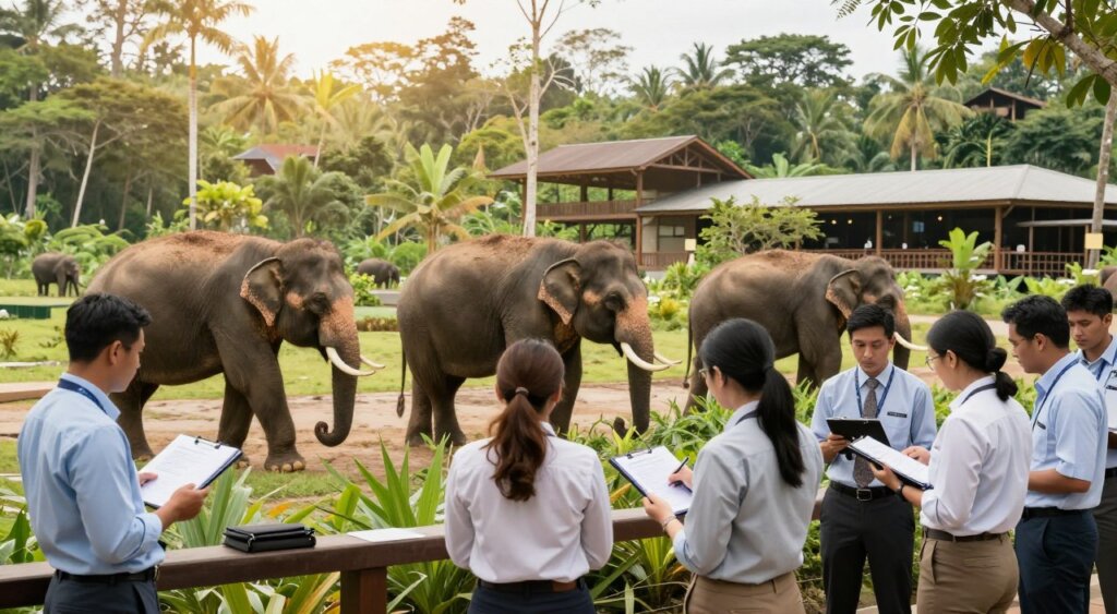 A serene scene at the Sumatran Elephant Conservation Center, showcasing a professional research team in action. In the foreground, a diverse group of individuals in business attire, with notebooks and tablets, collaborates on a conservation project, examining data and observing elephants in their natural habitat. In the middle ground, majestic Sumatran elephants are seen roaming peacefully, surrounded by lush greenery and tropical trees, highlighting their need for protection. In the background, a research facility with an eco-friendly design blends harmoniously into the landscape, under bright, natural lighting that creates a warm, uplifting atmosphere. The photo should have a soft focus to enhance the ambiance, shot with a wide-angle lens to capture the expansive environment and the connection between the researchers and the elephants.